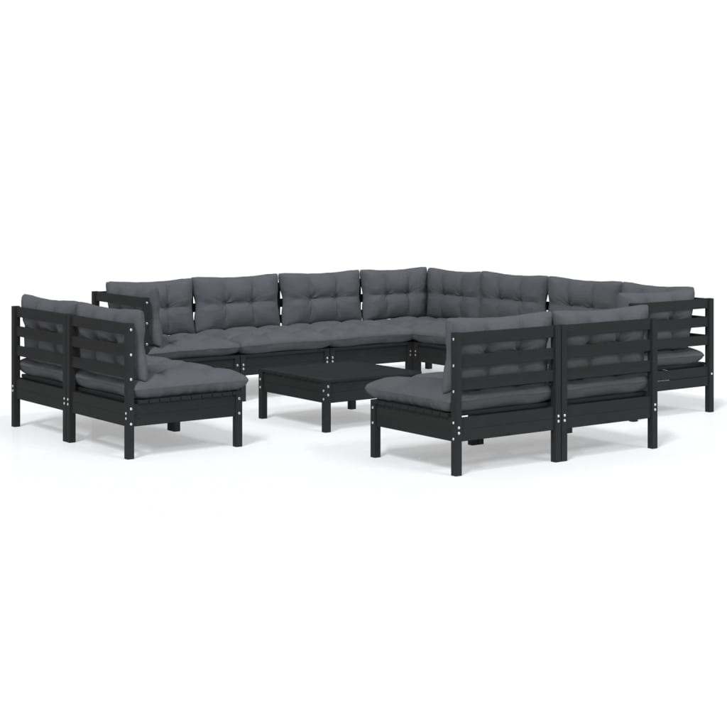 NNEVL 12 Piece Garden Lounge Set with Cushions Black Solid Pinewood