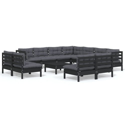 NNEVL 12 Piece Garden Lounge Set with Cushions Black Solid Pinewood
