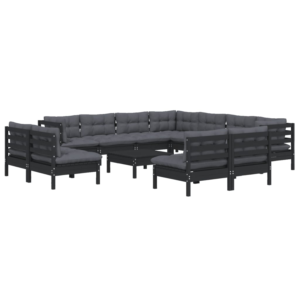 NNEVL 12 Piece Garden Lounge Set with Cushions Black Solid Pinewood