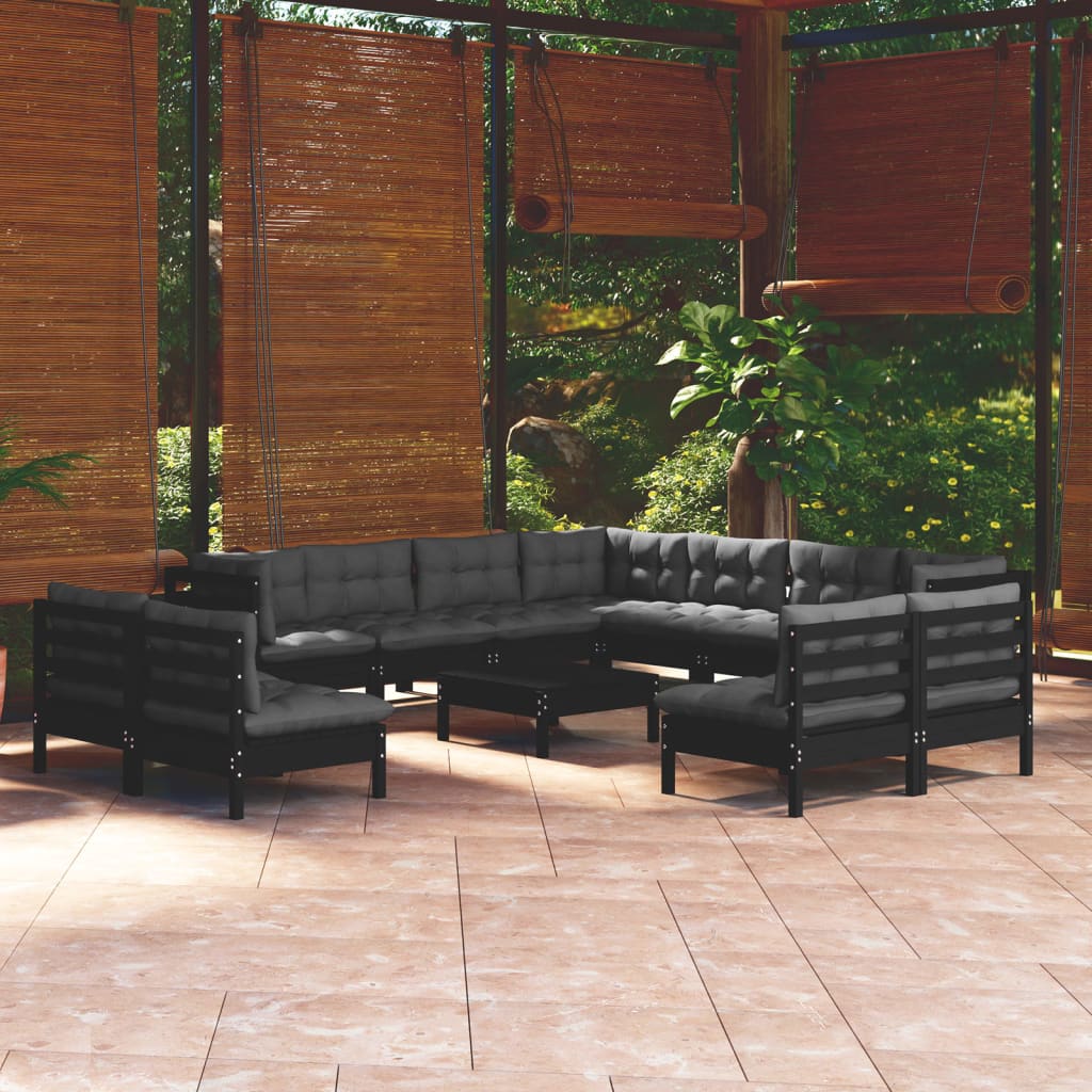 NNEVL 12 Piece Garden Lounge Set with Cushions Black Solid Pinewood