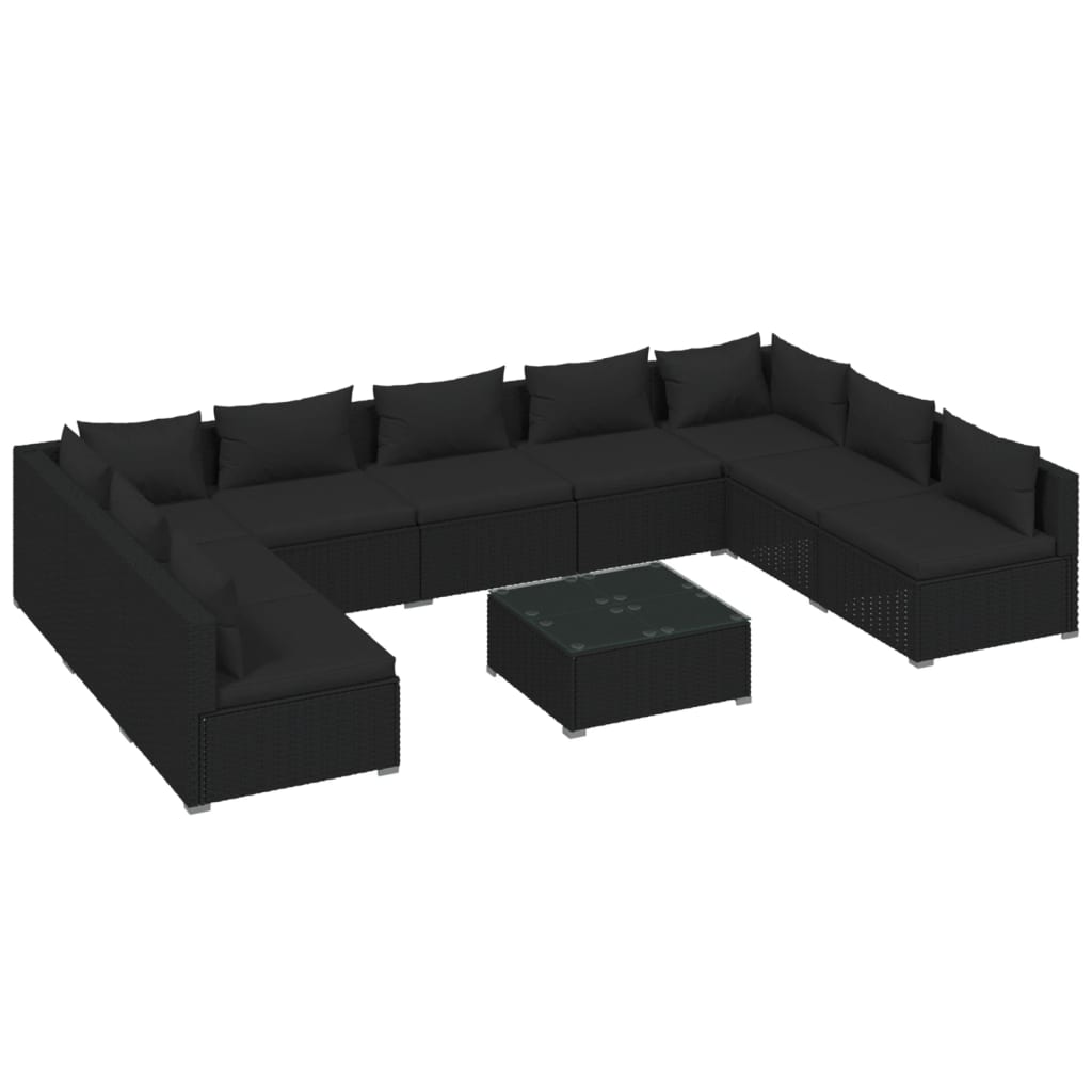NNEVL 10 Piece Garden Lounge Set with Cushions Poly Rattan Black