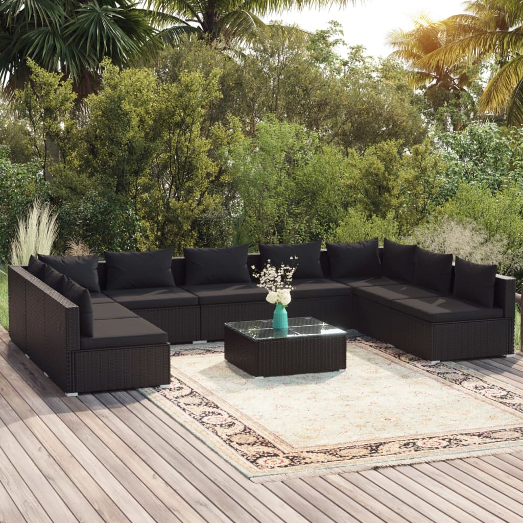 NNEVL 10 Piece Garden Lounge Set with Cushions Poly Rattan Black