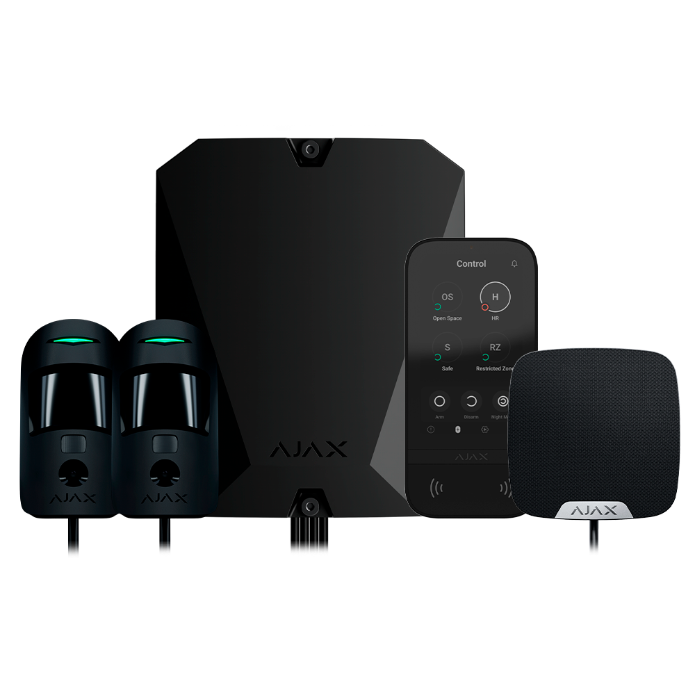  Kit allarme Ajax Fibra Grado 3 nero con Hub Hybrid 4G e sensori cablati/wireless