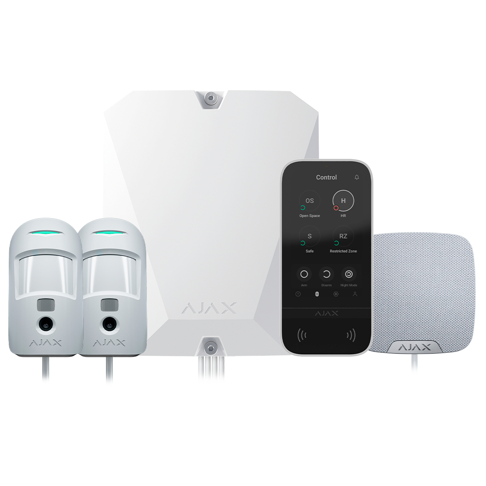 Kit allarme ibrido Ajax Fibra Grado 3 con Hub Hybrid 4G, MotionCam Fibra, HomeSiren e KeyPad TouchScreen bianco