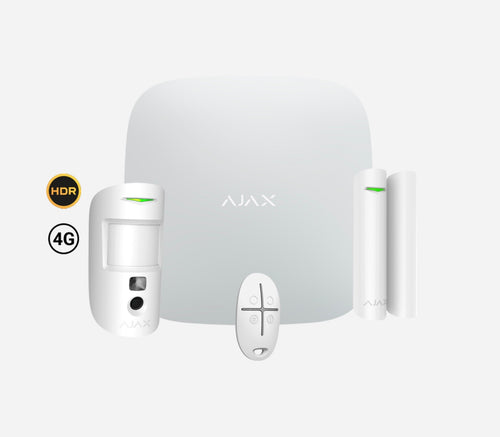 Kit allarme wireless Ajax bianco con Hub 2 4G, MotionCam HDR, sensore porta e telecomando