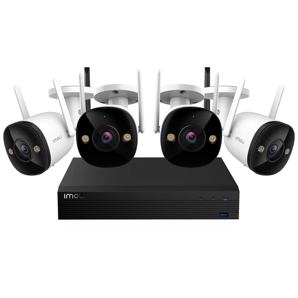 Kit videosorveglianza WiFi Imou con NVR 4 canali 1TB e 4 telecamere Bullet 2 2MP con visione notturna a colori, sirena, faretti e rilevamento umano