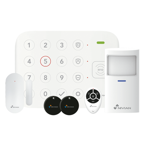 Kit allarme WiFi Nivian compatibile Tuya/Smart Life con tastiera, 2 telecomandi, 2 tag RFID, sensore porta e PIR, compatibile Alexa e Google Assistant