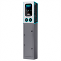 Colonnina di ricarica Raedian Gemini 22kW con piedistallo per veicoli elettrici, doppia presa Tipo 2, display LED pubblicitario, misuratore certificato MID e pagamento contactless RFID