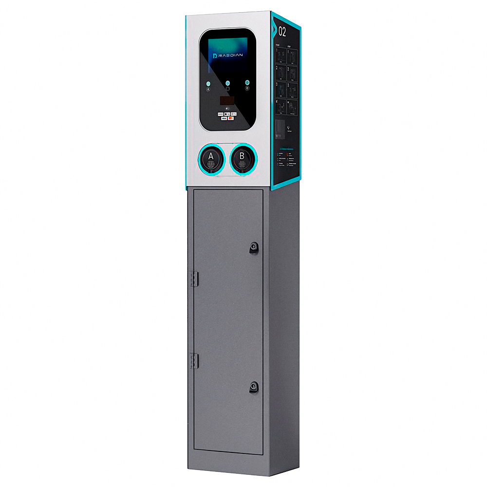 Colonnina di ricarica Raedian Gemini 22kW con piedistallo per veicoli elettrici, doppia presa Tipo 2, display LED pubblicitario, misuratore certificato MID e pagamento contactless RFID