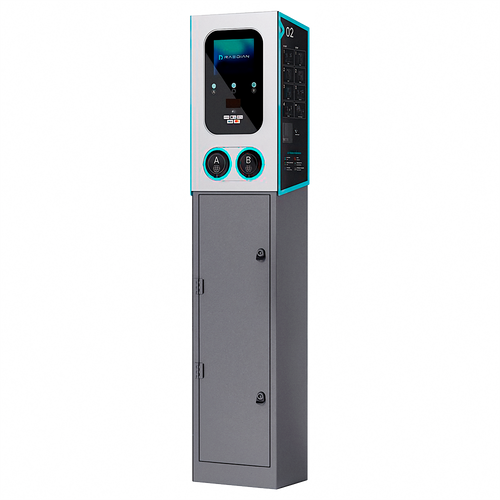 Colonnina di ricarica Raedian Gemini 22kW con piedistallo per veicoli elettrici, doppia presa Tipo 2, display LED pubblicitario, misuratore certificato MID e pagamento contactless RFID