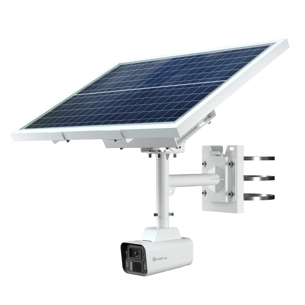 elecamera bullet AI Safire Smart 4MP con pannello solare 60W, 4G LTE, deterrenza attiva con flash rosso/blu e memoria eMMC 64GB