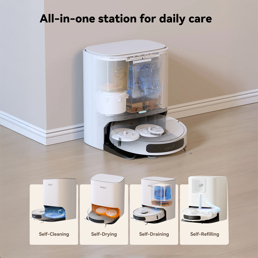 Robot aspirapolvere Imou RV3 con stazione svuotamento automatico, aspirazione 8500 Pa, mappatura LiDAR 3 mappe, funzione lavaggio e batteria 6400mAh