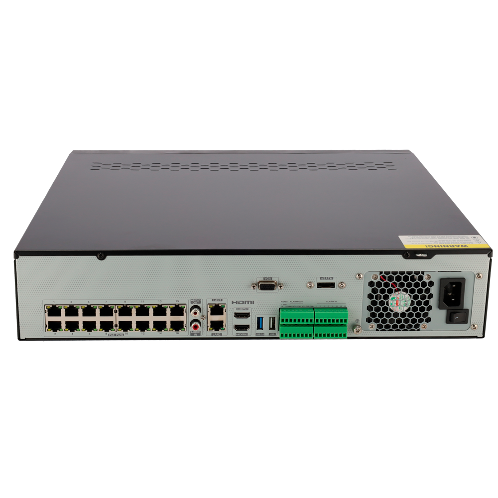 Porte posteriori NVR Safire 32CH con 16 PoE e connessioni HDMI VGA
