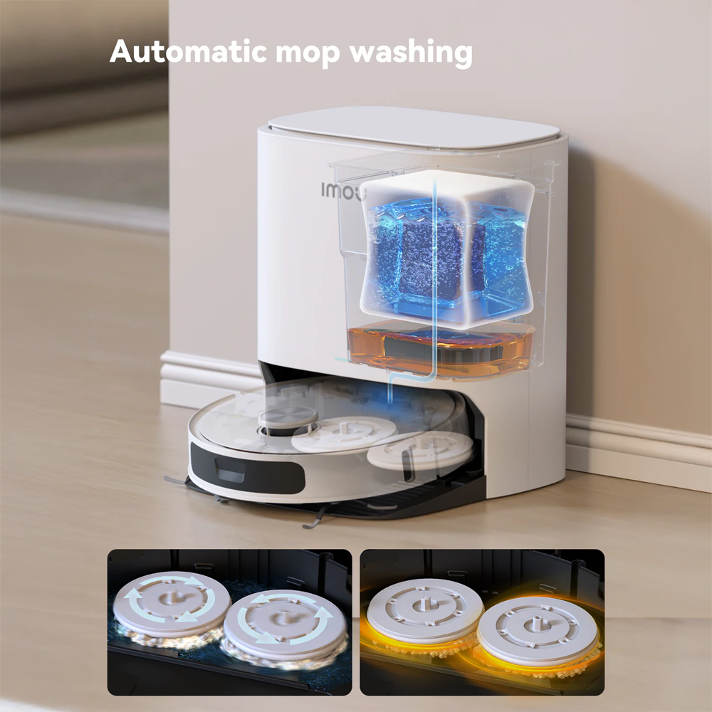 Robot aspirapolvere Imou RV3 con stazione svuotamento automatico, aspirazione 8500 Pa, mappatura LiDAR 3 mappe, funzione lavaggio e batteria 6400mAh